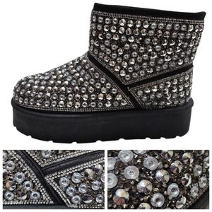 ROUGE Faux Fur Lined Studded Rhinestone Platform Ankle Boots Size 8 Black Silver